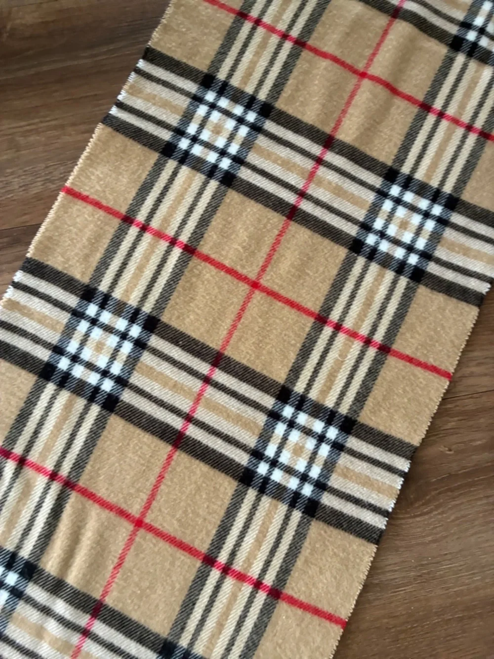 Plaid Cashmere Blend Vintage Inspired Scarf - Tan & Red Check - Soft Fringe